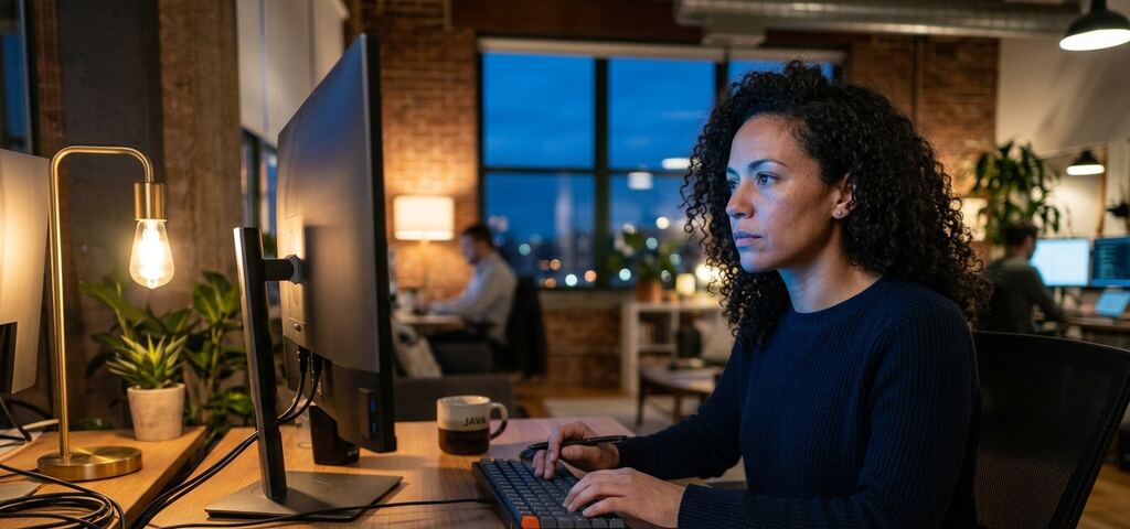 A software engineer reviews a task checklist on a large monitor in a loft office at dusk