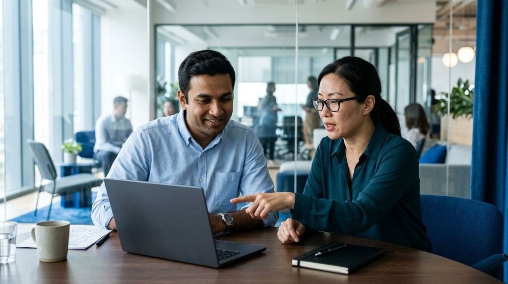 A product manager and a senior engineer review approval checkpoints together on a laptop