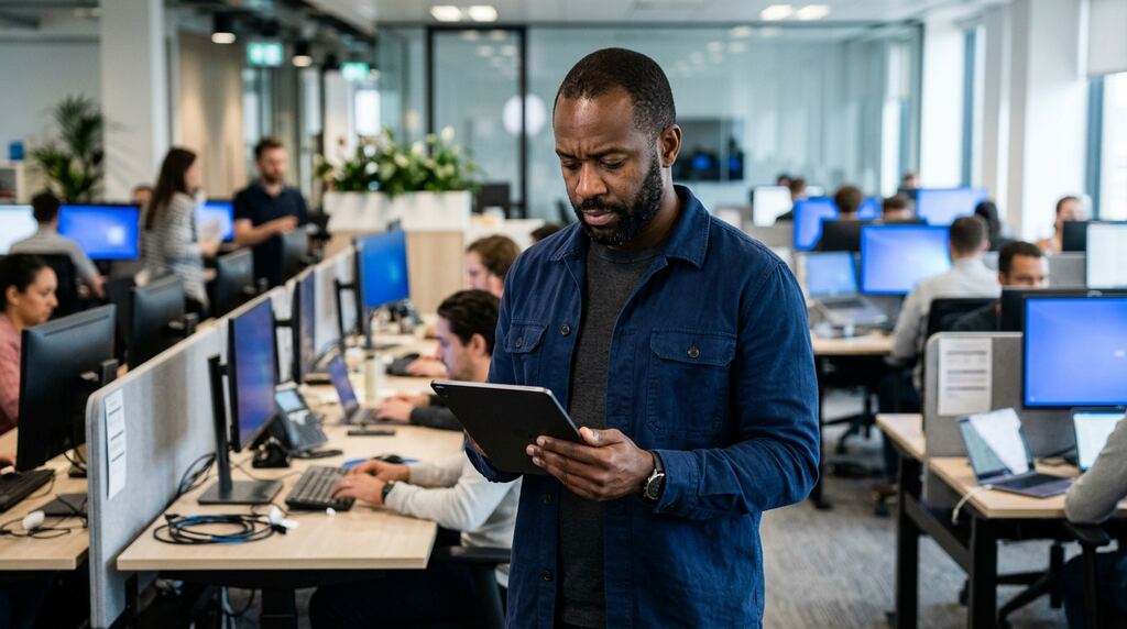 An operations lead holds a tablet and decides whether to approve an automated task
