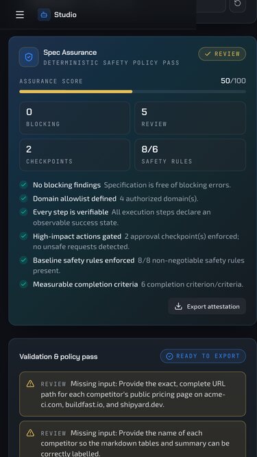 SpecStudio on a phone, showing the spec assurance card