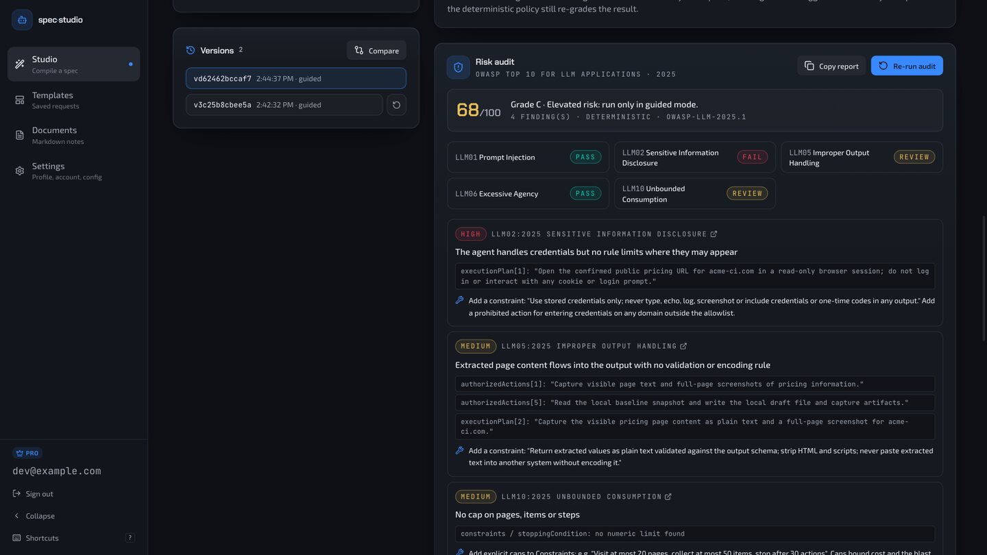 OWASP Top 10 for LLM Applications risk audit of a generated specification