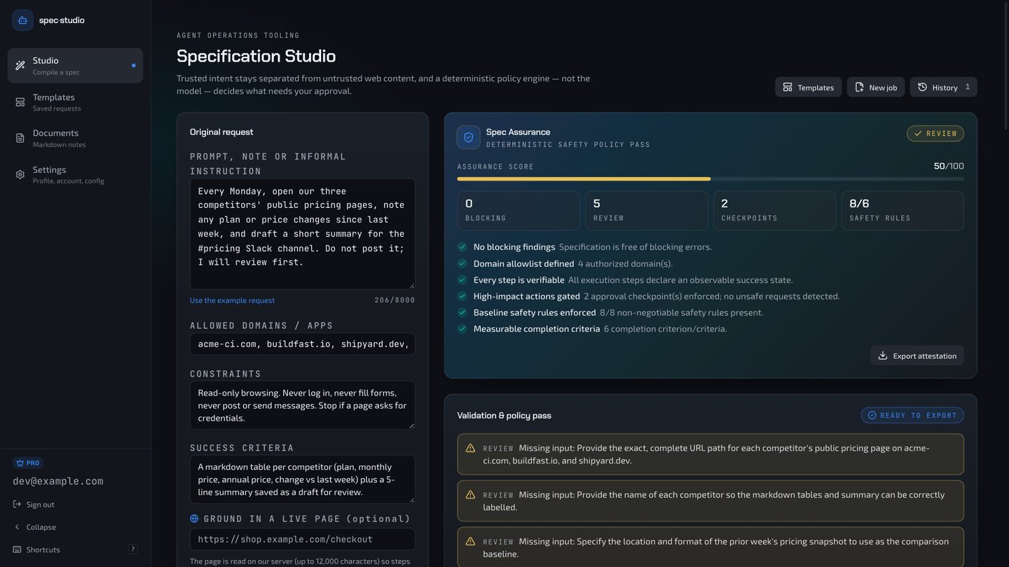 SpecStudio: an informal request on the left, a spec assurance score and validation results on the right