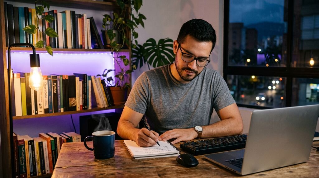 A developer writes technical documentation at his home-office desk in the evening