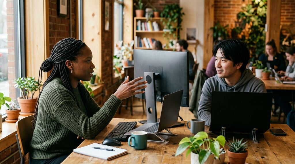 A technical writer and a backend engineer edit a document together at a shared monitor