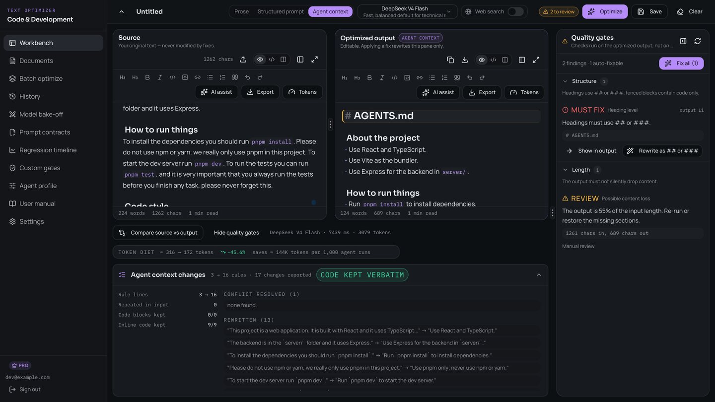 Agent-context mode rewriting an AGENTS.md, with the token diet and the list of changes