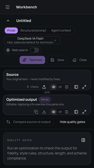 The Dev Text Forge workbench on a phone with stacked source and output panes