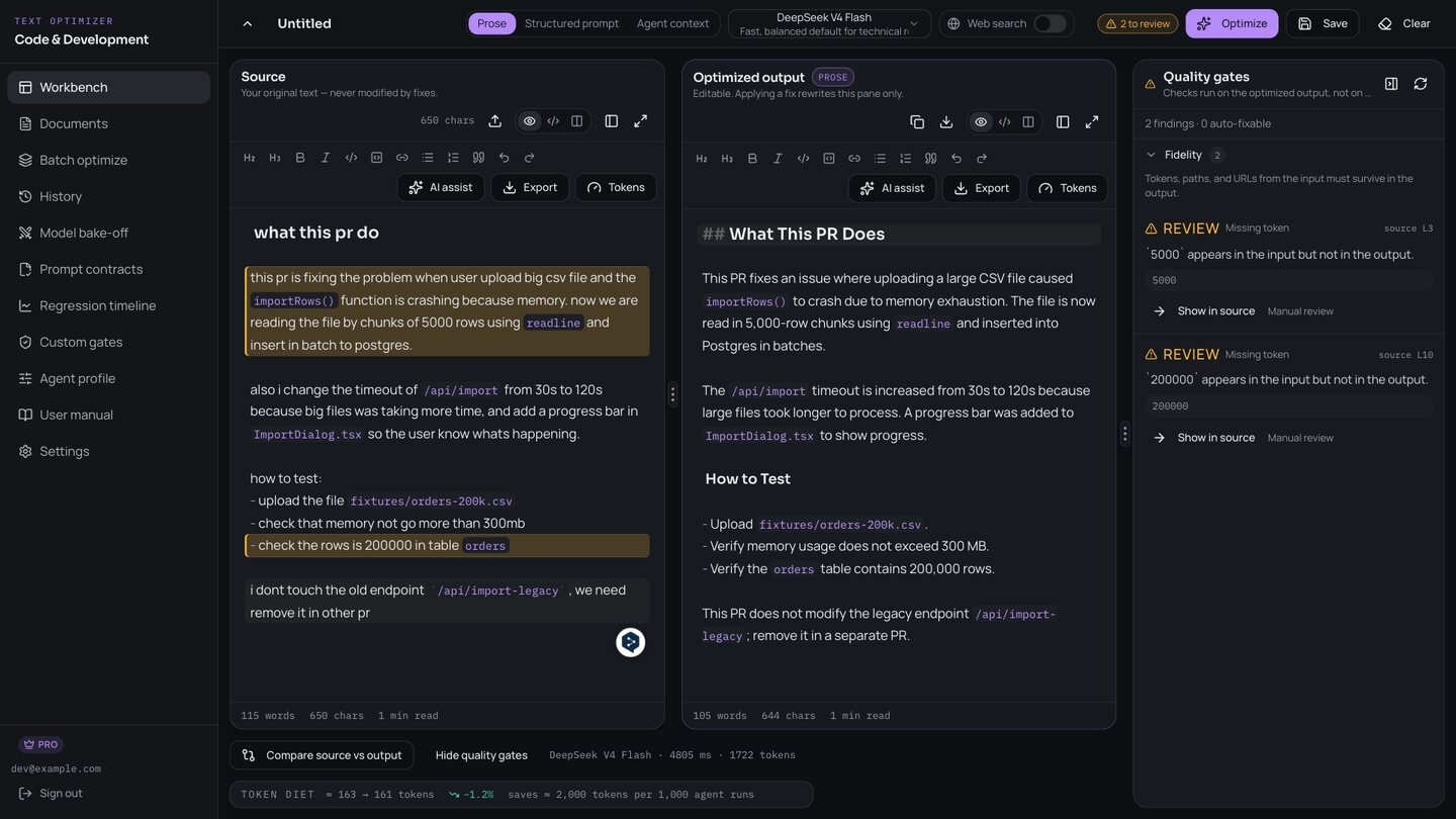 Dev Text Forge workbench: a rough PR description, its optimized rewrite and the quality gate findings