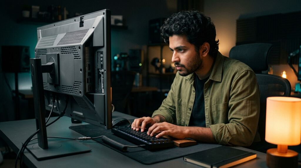 A prompt engineer experiments at a clean desk with a mechanical keyboard
