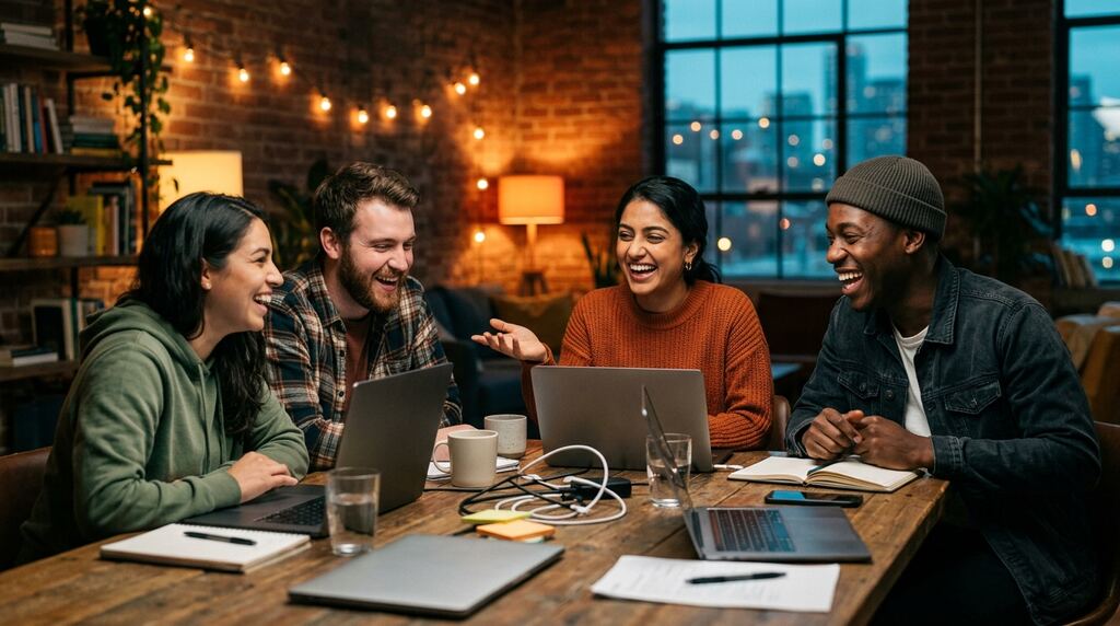 A small startup team laughs around their laptops as one of them shows a result