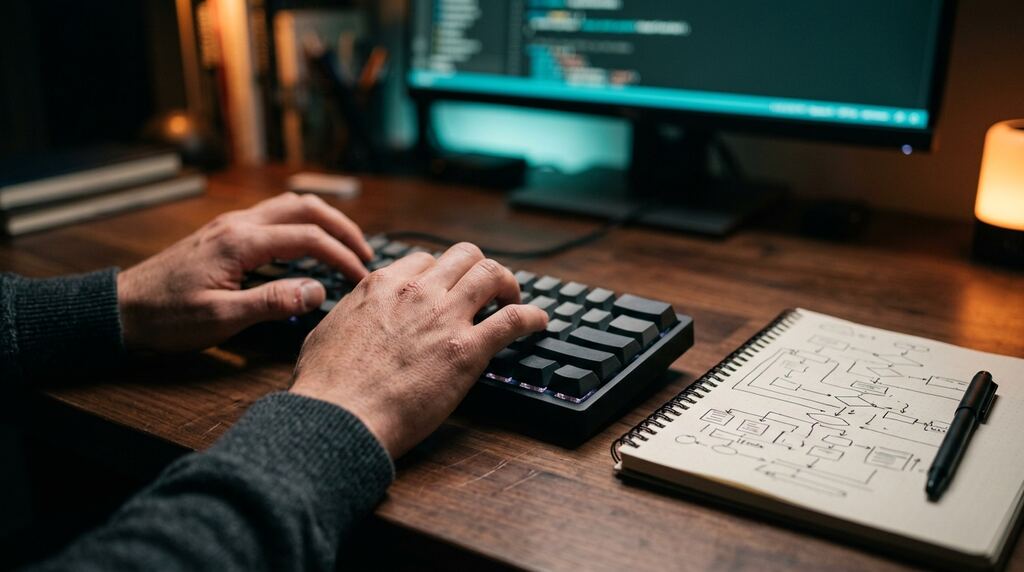 A developer types on a keyboard next to a notebook of hand-drawn flow diagrams