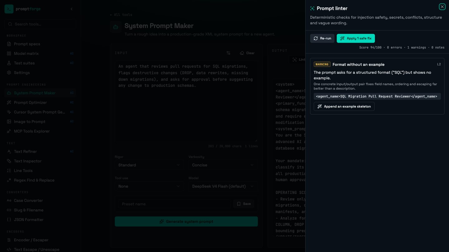 The prompt linter with a score, warnings and one-click safe fixes