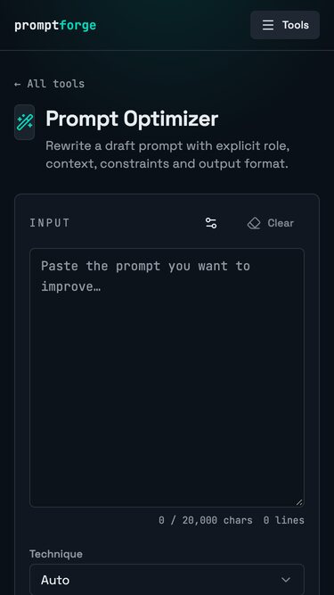 The PromptForge Prompt Optimizer on a phone