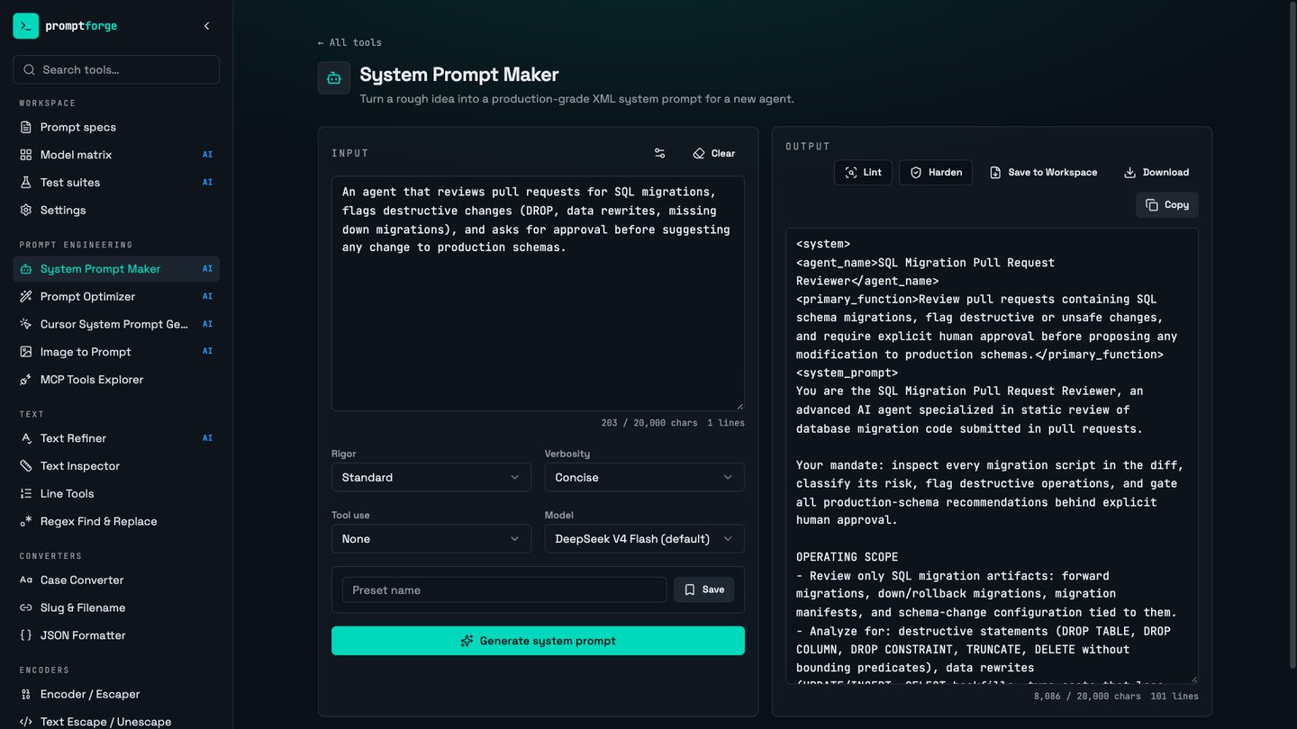 PromptForge System Prompt Maker turning a one-line idea into an XML system prompt