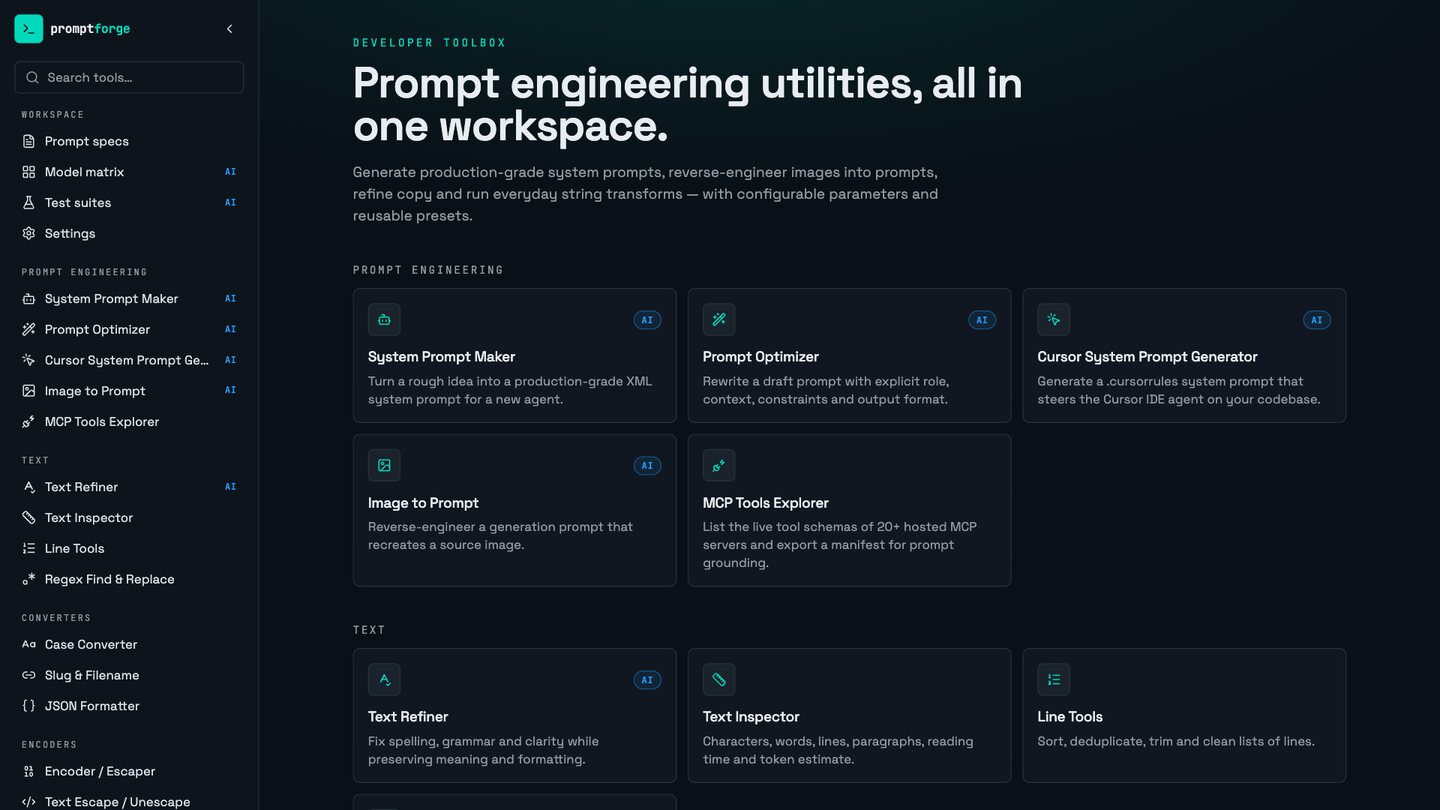The PromptForge tool grid: prompt engineering, text, converter and encoder tools