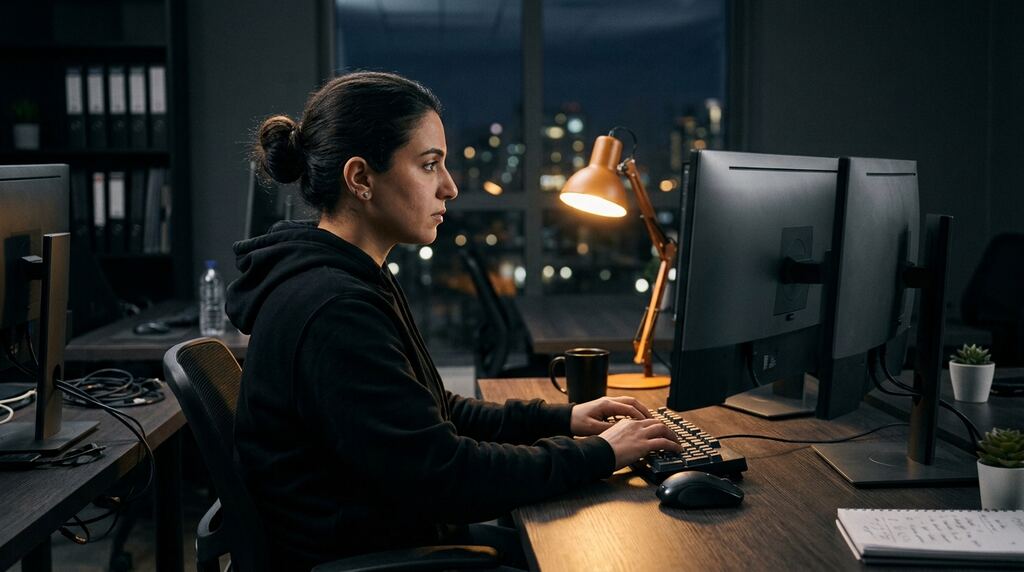 A security engineer studies code late at night under a warm desk lamp
