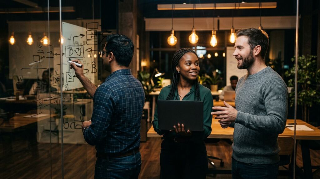 Three engineers sketch a threat model on a glass whiteboard