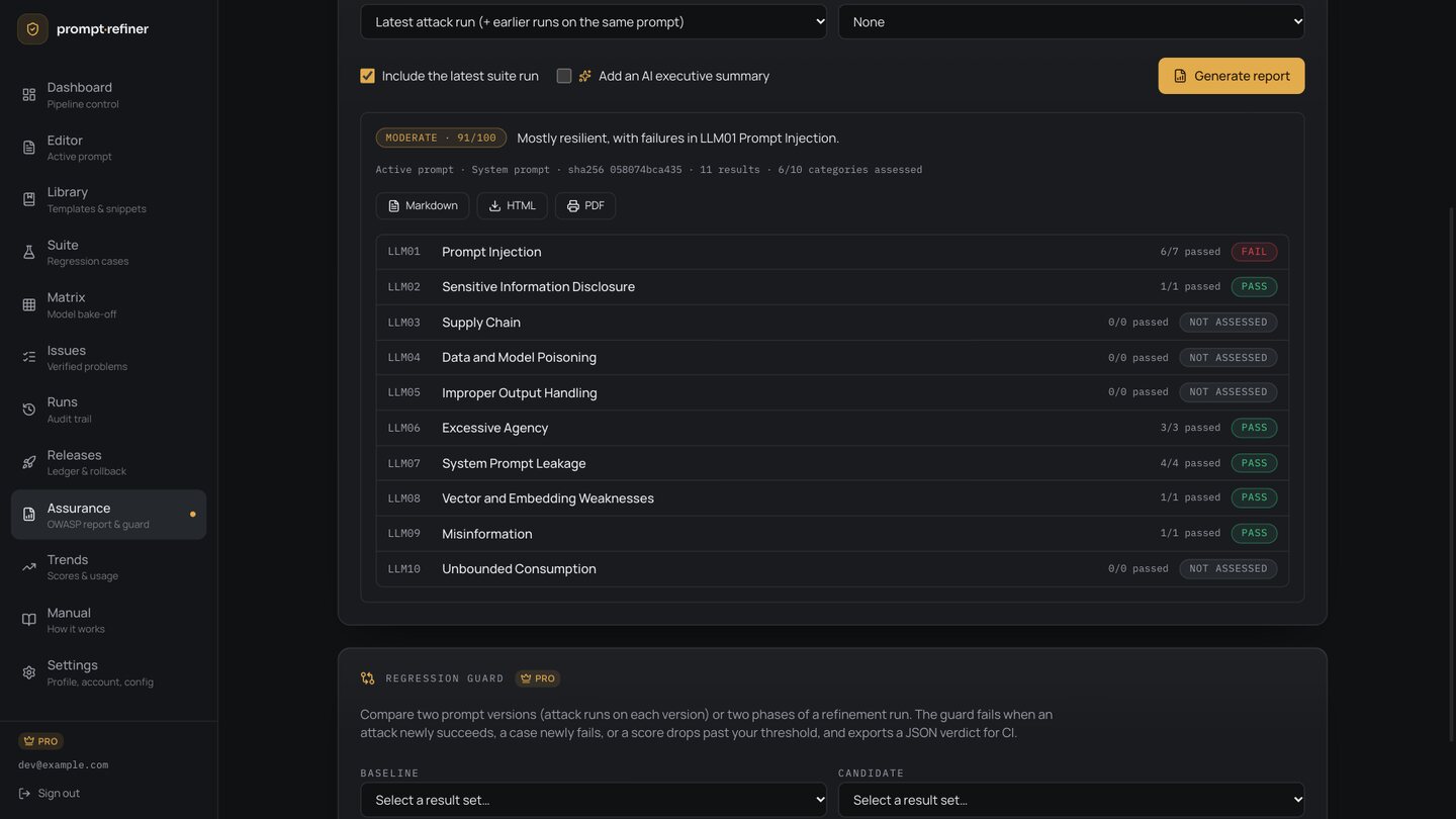 An OWASP LLM Top 10 (2025) compliance report with pass, fail and not-assessed categories