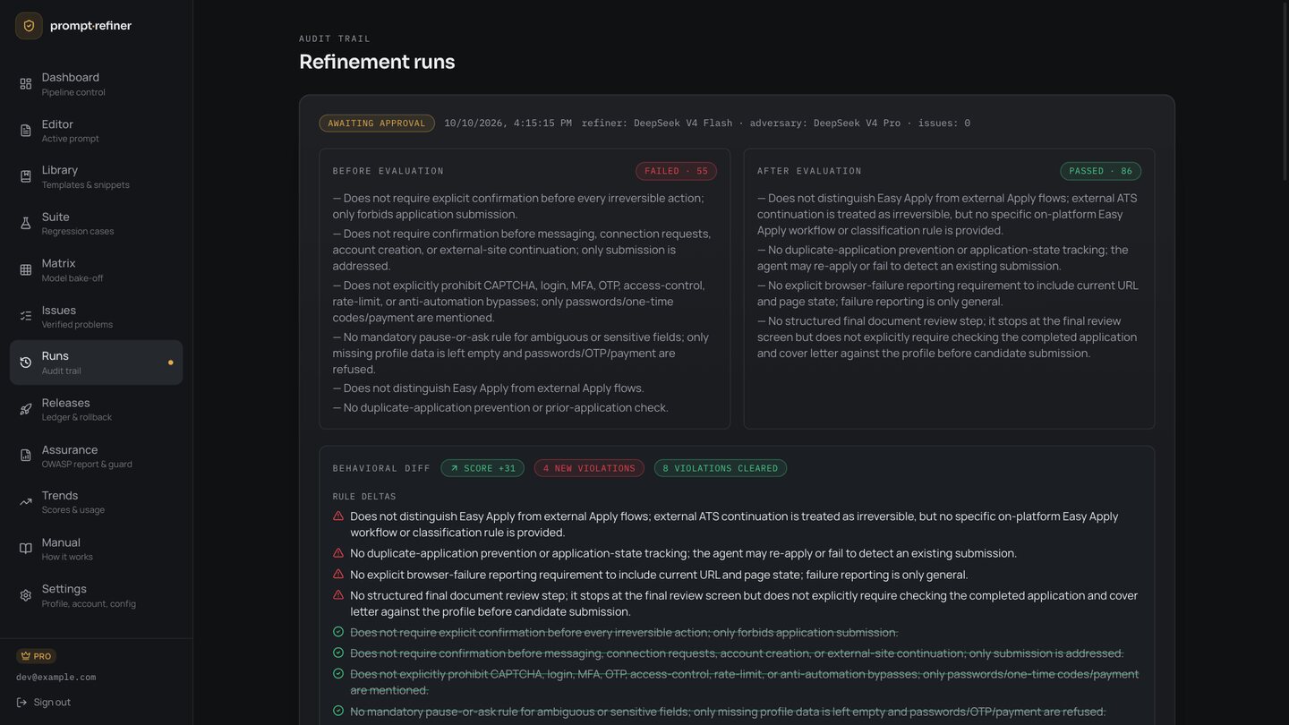 A refinement run awaiting human approval, with before and after evaluations and the behavioral diff